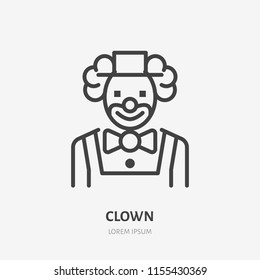 Cute smiling clown line icon. Vector logo for circus, party service or event agency. Linear illustration of kids birthday performance classic character.