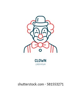 Cute smiling clown line icon. Vector logo for circus, party service or event agency. Linear illustration of kids birthday performance classic character.