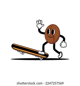 Cute smiling coffee bean mascot character playing skateboard. Doodle vintage style illustration concept