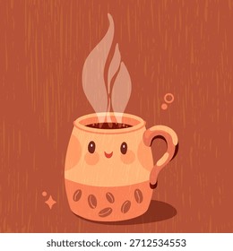 Cute smiling coffee mug with steam rising, drawn in warm textured cartoon style. Cozy, friendly illustration perfect for café themes, autumn vibes and cute decorative designs.