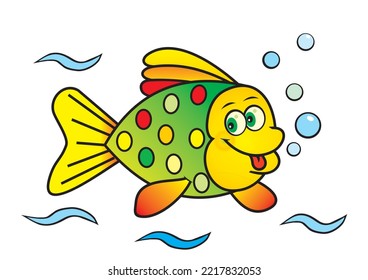 cute smiling color fish with eyes and tongue, humorous vector illustration for children, white background