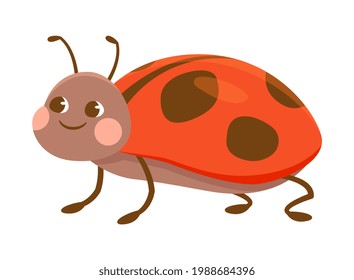 Cute smiling colorful ladybug on white background. Concept of stickers of cute and funny insects and garden animals for children. Flat cartoon vector illustration