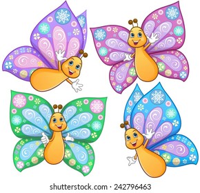 Cute, smiling, colourful butterflies, in different poses.