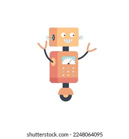 Cute smiling comic robot android on monowheel cartoon character, flat vector illustration isolated on white background. Robotics toy fantasy creative character.