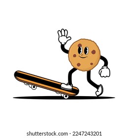 Cute smiling cookie mascot character playing skateboard. Doodle vintage style illustration concept