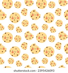 Cute smiling cookie seamless pattern. American biscuit with chocolate and cheeks