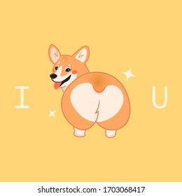 Dibujo de caricatura del vector de perro corgi sonriente. "Te amo", kawai corgi letra negra. Aislado sobre fondo amarillo.