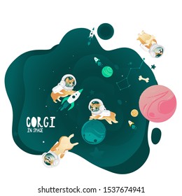 Cute smiling corgi dogs or puppies dressed in spacesuit are flying in outer space on starry space background among rockets and planets, cartoon vector fantasy illustration.