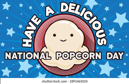 Cute smiling corn kernel inside a button over starry background, promoting a delicious National Popcorn Day in U.S.A.