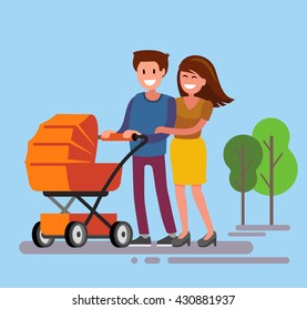 Cute smiling couple with a orange baby carriage