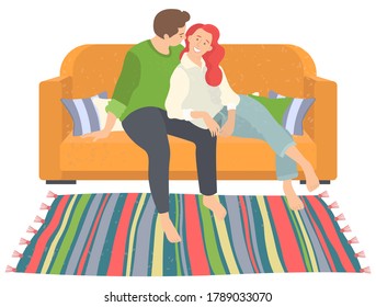 Cute smiling couple sitting on couch with pillows isolated on white. Sofa and striped colorful carpet. Sweet home concept flat vector illustration