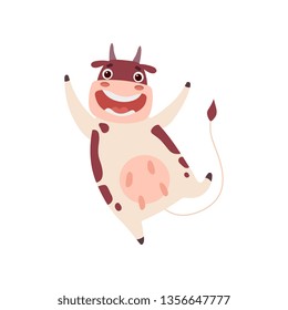 Cute Smiling Cow Happily Jumping, Funny Farm Animal Cartoon Character Vector Illustration