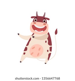 Cute Smiling Cow Having Fun, Funny Farm Animal Cartoon Character Doing Welcome Gesture Vector Illustration