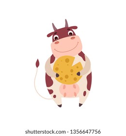 Cute Smiling Cow Holding Cheese Wheel, Funny Farm Animal Cartoon Character Vector Illustration