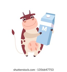 Cute Smiling Cow Holding Packaging of Milk, Funny Farm Animal Cartoon Character Vector Illustration