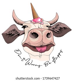Cute smiling cow in a pink ice cream party hat. Don't worry be happy - lettering quote. Humor card, t-shirt composition, hand drawn style print. Vector illustration.