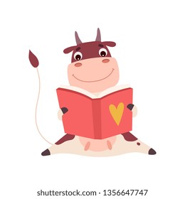 Cute Smiling Cow Sitting on Floor and Reading Book, Funny Farm Animal Cartoon Character Vector Illustration