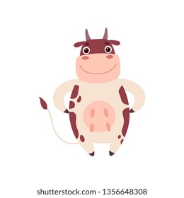 Cute Smiling Cow Standing on Two Legs, Funny Farm Animal Cartoon Character Vector Illustration