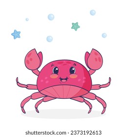 Cute smiling crab with doodle elements on white background. Childish character. Colored flat cartoon vector illustration