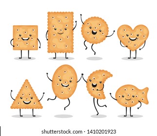 Cute smiling cracker chips different shapes isolated on white background. Happy biscuit cookies characters, doodle snack - vector illustration