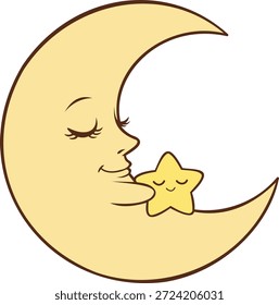 Lua Crescente Sorridente Fofa com Ilustração de Ramadã Estrela