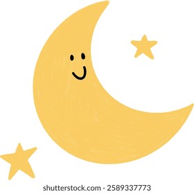 A cute smiling crescent moon with stars in a simple hand-drawn style. Perfect for kids' designs and night themes