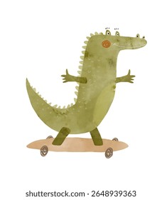 Cute Smiling Croc Riding A Skateboard. Childish Drawing-like Vector Illustration Of Happy Crocodile Skateboarding. Nursery Art With Green Alligator On A White Background. Kids Room Decoration. RGB.