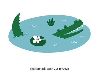 Cute smiling crocodile lying in the pond, swimming in water, funny alligator character with friendly facial expression, vector illustration for kids isolated on white background