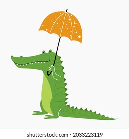 Cute smiling crocodile with orange umbrella. Vector children's illustration for print, t-shirt, mug, stickers, covers, cards