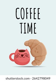 Cute smiling croissant and cup on light background, time to drink coffee. Suitable for postcards, posters, banners, web graphics, gift cards. Vector in minimalist style