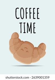 Cute smiling croissant on light background, coffee time. Suitable for postcards, posters, banners, web graphics, gift cards. Vector in minimalist style
