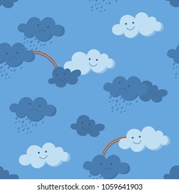 Cute smiling and crying clouds and rainbow in the sky seamless pattern
