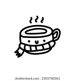 Cute smiling cup of tea. Hand drawn character teacup or mug with cute. Crockery with handle for drink. Vector illustration in doodle style