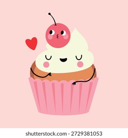 Süß lächelnder Cupcake mit Kirsche im Kawaii-Stil. Einfache, flache Vektorgrafik mit sanften Pastellfarben und freundlichem Ausdruck. Perfekt für Aufkleber, Kinder-Design, Kinder-Illustrationen, Dessert-Branding und Verpackung.