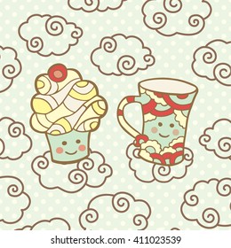 Cute smiling cupcake and cup on clouds. Vector illustration.