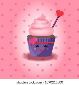 Cute smiling cupcake. Vector. Cake Happy Birthday and Valentine's Day (Anniversary), Kawaii smiling hero, Baby doodle decoration. Perfect for a baby greeting card.