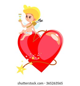 Cute smiling cupid sitting on huge heart shaped bomb and holding sand watch. Valentine's day design concept. Vector illustration isolated on white background