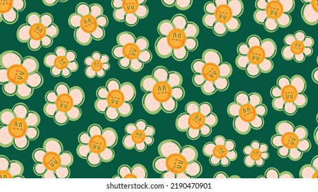 Cute Smiling Daisies Cartoon Seamless Background, Vector Illustration