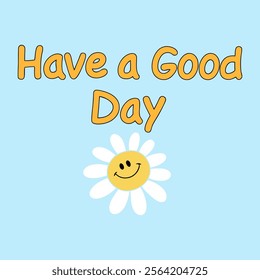 A cute and smiling daisy at the center with a sunny yellow face and white petals with a soft blue background