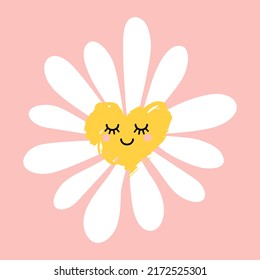Cute smiling daisy flower. Chamomile with happy emotion.illustration for nature design. Vector cartoon style icon. 