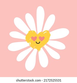 Cute smiling daisy flower in love. Chamomile with happy emotion.illustration for nature design. Vector cartoon style icon. 