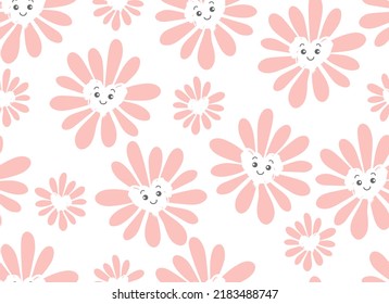 Cute smiling daisy flower seamless pattern. Chamomile with happy emotion.illustration for nature design. Vector cartoon background.