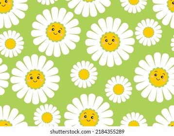 Cute smiling daisy flower seamless pattern. Chamomile with happy emotion.illustration for nature design. Vector cartoon background.