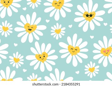 Cute smiling daisy flower seamless pattern. Chamomile with happy emotion.illustration for nature design. Vector cartoon background.