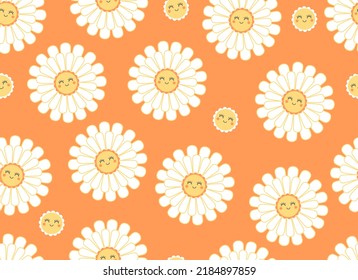 Cute smiling daisy flower seamless pattern. Chamomile with happy emotion.illustration for nature design. Vector cartoon background.