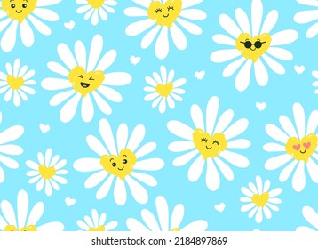 Cute smiling daisy flower seamless pattern. Chamomile with happy emotion.illustration for nature design. Vector cartoon background.