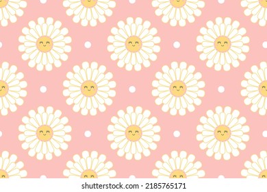 Cute smiling daisy flower seamless pattern. Chamomile with happy emotion.illustration for nature design. Vector cartoon background.