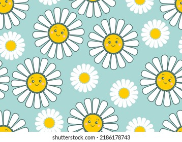 Flor de margarita sonriente, suave patrón. Chamomile con emoción feliz.ilustración para el diseño de la naturaleza. Fondo de la caricatura vectorial.