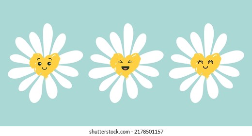 Montaje de flores de margarita muy sonriente. Chamomile con emoción feliz.ilustración para el diseño de la naturaleza. Icono de estilo de dibujos animados. 