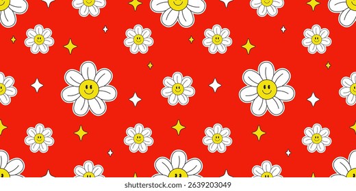 Cute Smiling Daisy Groovy Style Seamless Pattern in Red Background.